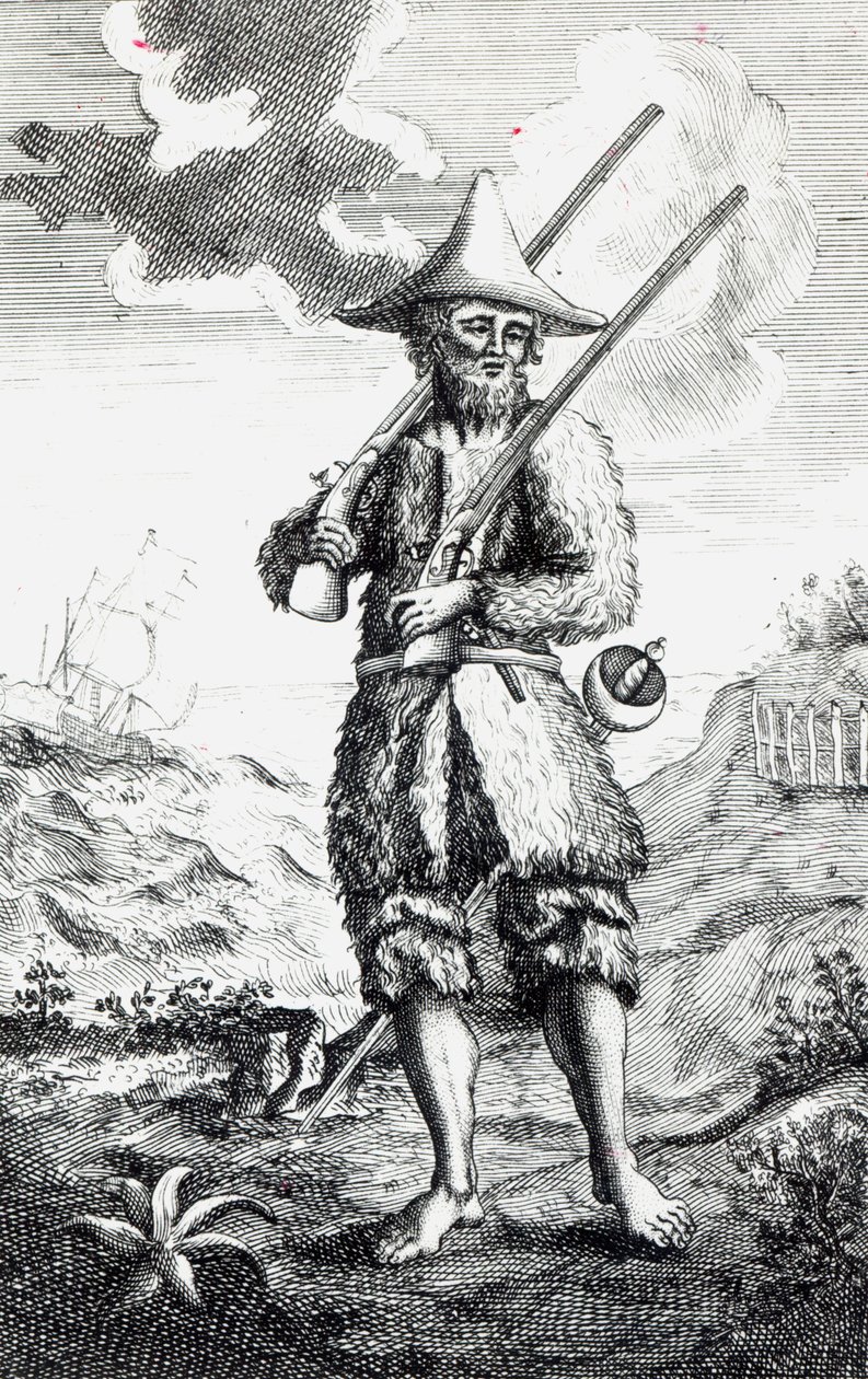 Frontispice til "The Life and Strange Surprizing Adventures of Robinson Crusoe of York, Mariner" av Daniel Defoe, 1719 av English School