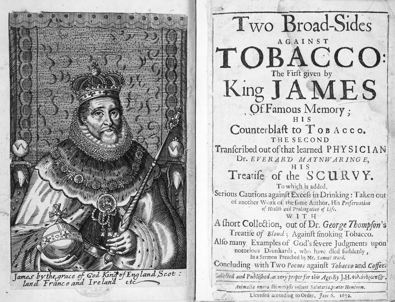 Frontispice til "Two Broadsides Against Tobacco", pub. 6 juni 1672 av English School