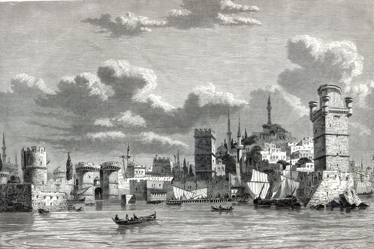 Generelt syn på Rhodos by, fra 'The Illustrated London News' av English School