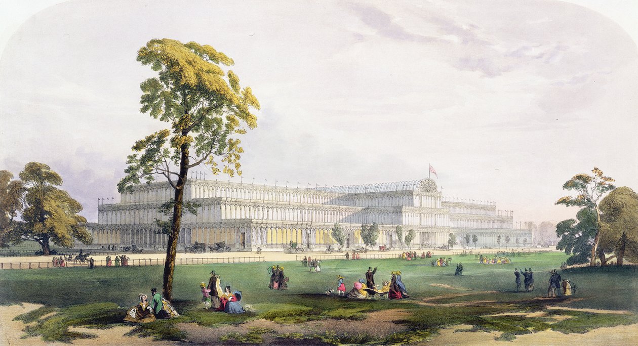 Generell visning av utsiden av bygningen, i den store utstillingen i 1851, fra Dickinsons Comprehensive Pictures (farget lito) av English School