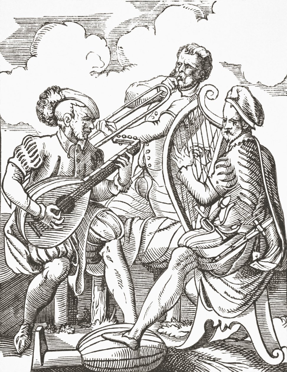 Tyske musikere som spiller lutt og gitar, 1878 av English School