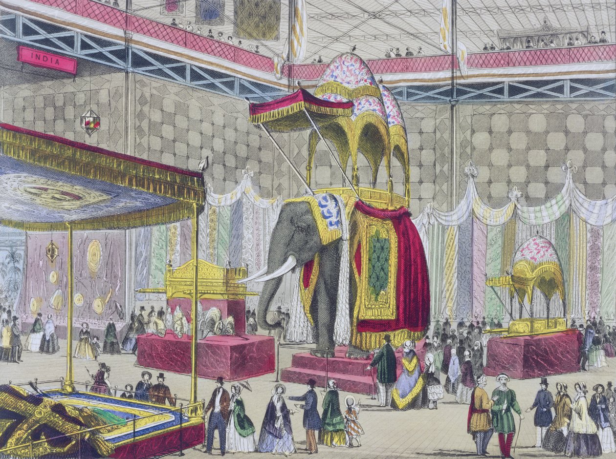 Great Exhibition, 1851: Indisk avdeling fra Interior of the Great Exhibition (pub. av Read & Co) (farget lito) av English School
