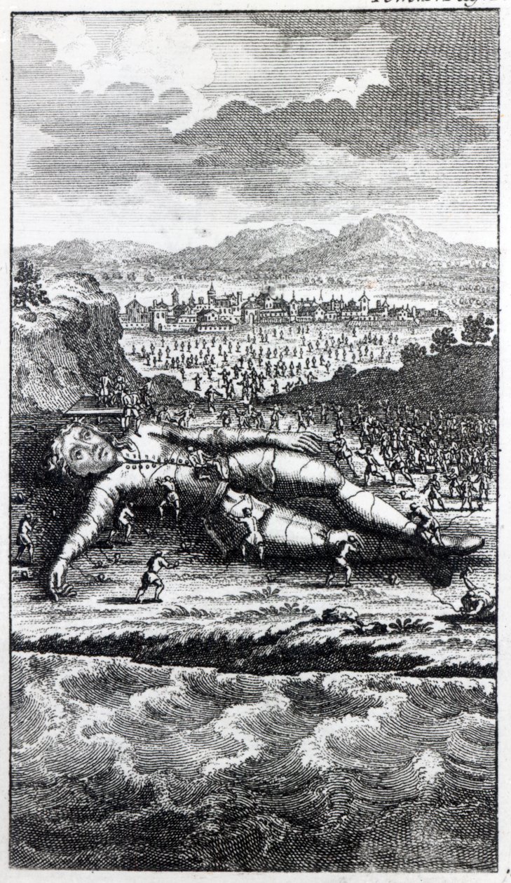 Gulliver tatt til fange av Lilliputians, illustrasjon fra "Gulliver