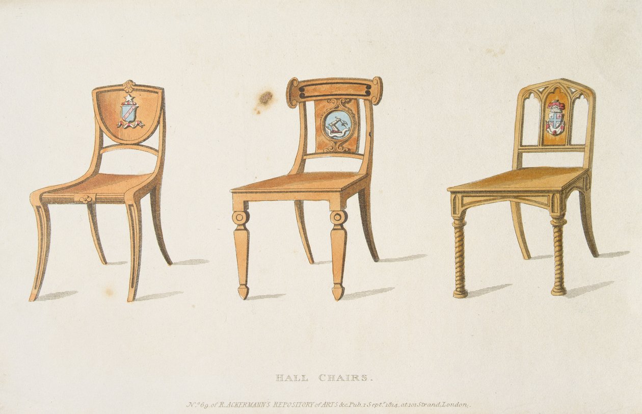 Hallstoler, plate 67 fra Ackermanns Repository of Arts, Literature, Commerce, Manufactures, Fashion and Politics, publisert 1814 av English School