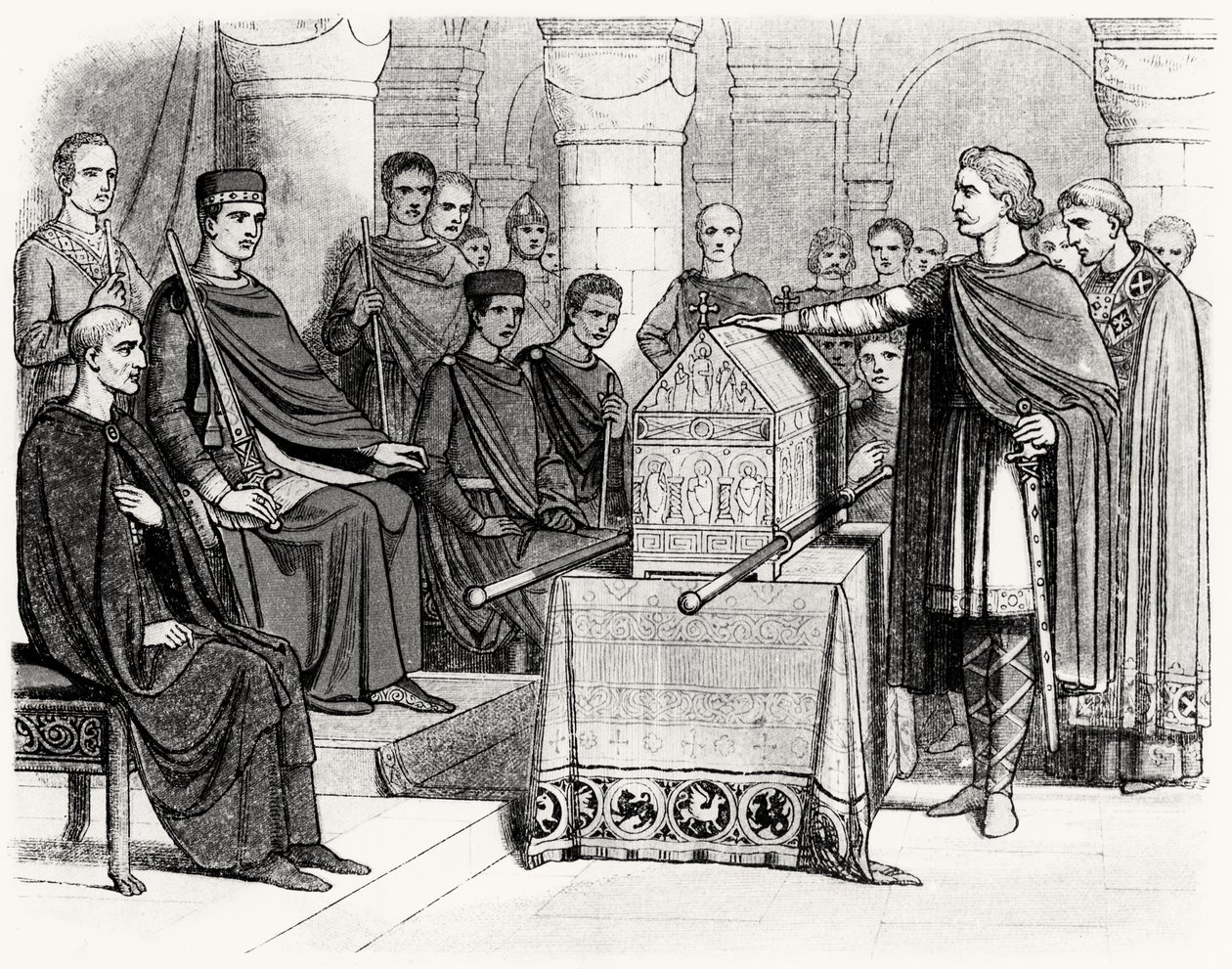 Harold II (ca. 1022-66) sverger en ed for å opprettholde tronbevilgningen til Vilhelm I, Erobreren (ca. 1028-87) av Edvard Bekjenneren (ca. 1003-66), ca. 1064 av English School