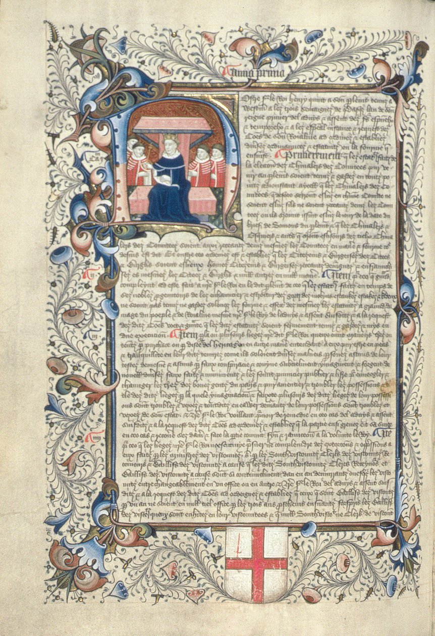 Henry V (1387-1422) og noen hoffmenn avbildet innenfor den innledende H, fra Cartae Antiquae, sent på 1400-tallet av English School