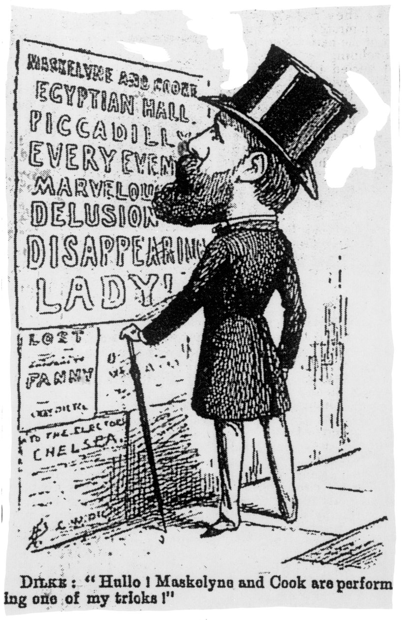 Hei! Maskelyne og Cook utfører et av mine triks!, satirisk tegneserie av Sir Charles Dilke, ca. 1886 av English School