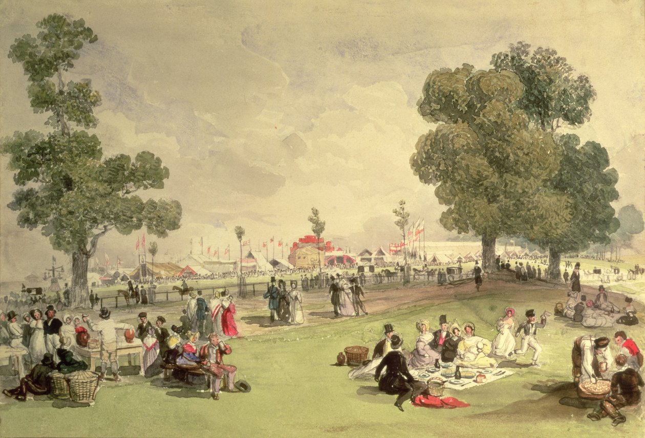 Hyde Park, utsikt over Coronation Fair, 28. juni 1838 (wc på papir) av English School