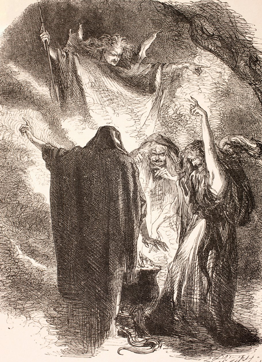 Illustrasjon av heksene rundt gryten deres i Macbeth, fra 