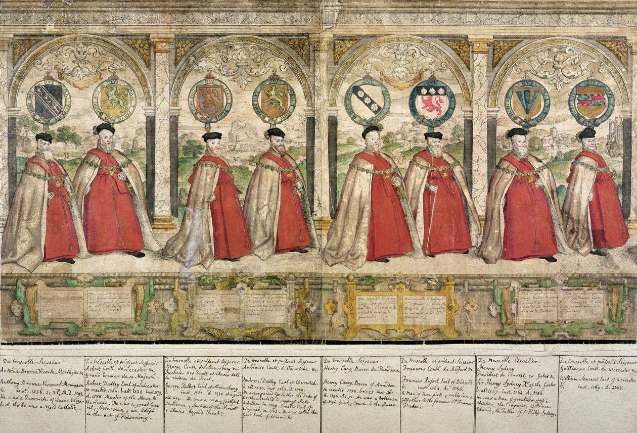 Imaginary Composite Procession of the Knights of the Garter i Windsor, gravert av Marcus Gheeraerts den eldste (1521-86) 1576 (farget etsning) av English School