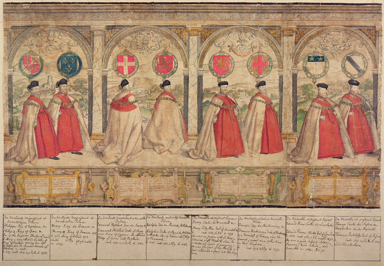 Imaginary Composite Procession of the Order of the Garter at Windsor, gravert av Marcus Gheeraerts den eldste (1521-86) 1576 (farget etsning) av English School
