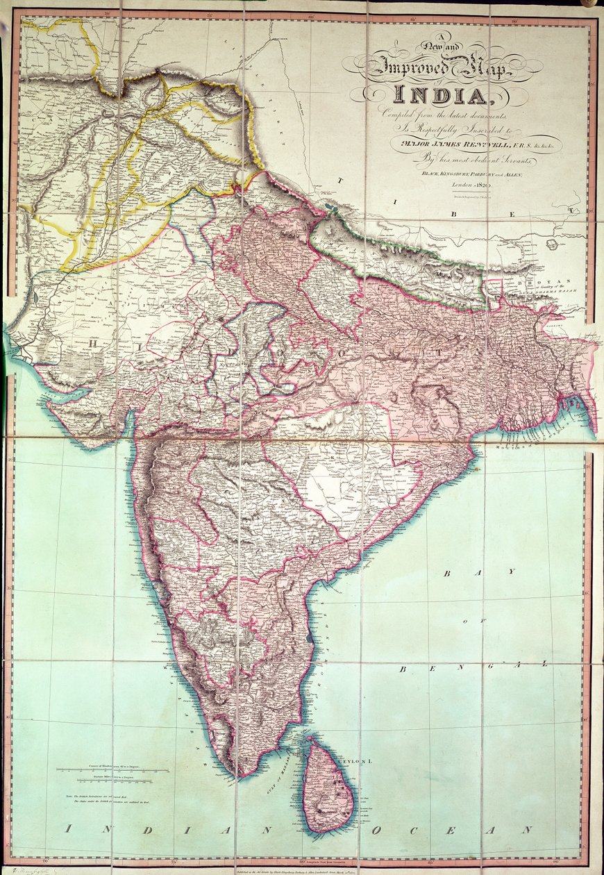 Forbedret kart over India publisert i London 1820 (fargelitografi) av English School