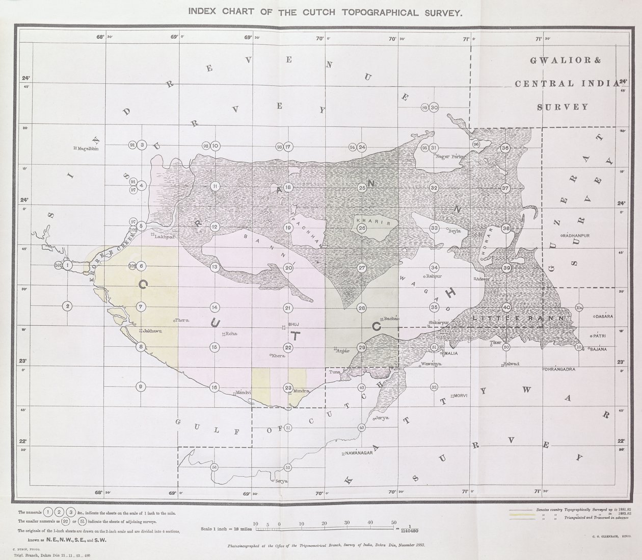 Indeksdiagram over Cutch Topographical Survey av Trigonometrical Branch, Survey of India, Dehra Dun, november, 1883 av English School