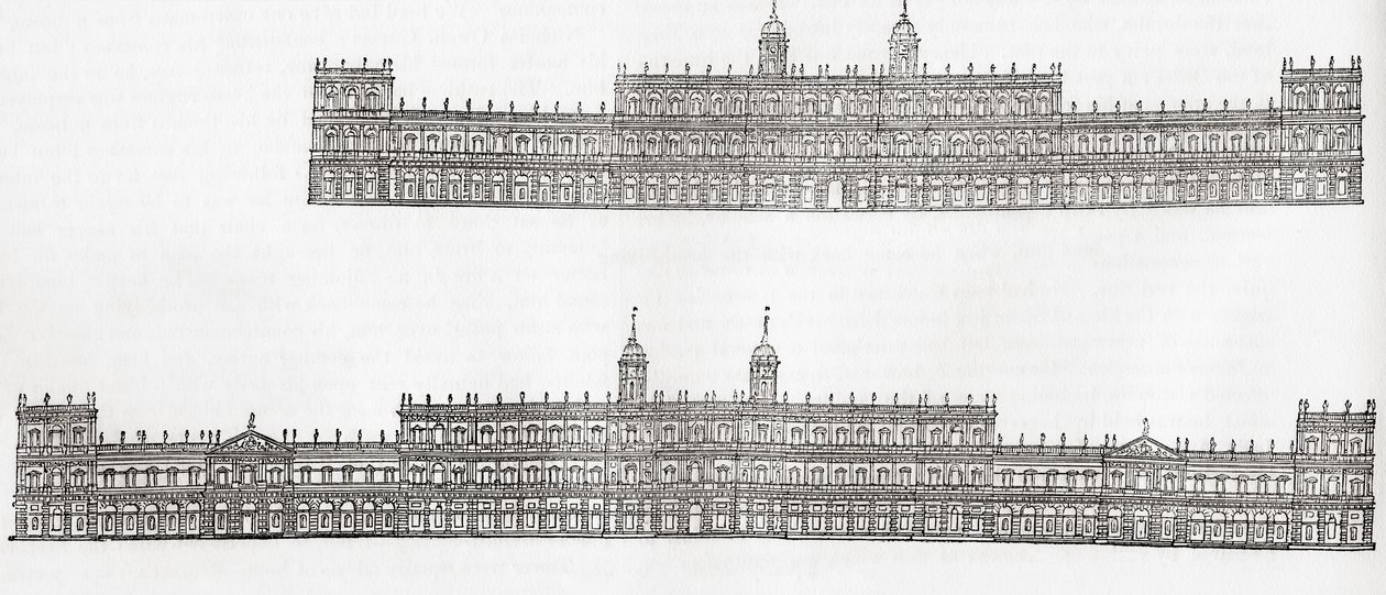 Inigo Jones 1638 plan for et nytt palass i Whitehall, Westminster, England, fra Old England: A Pictorial Museum, pub. 1847 av English School