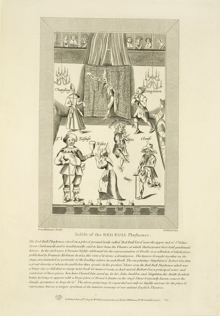 Inne i Red Bull Playhouse, frontispice til en samling drolls av Francis Kirkmans første pub. i 1672, pub. av William Herbert og Robert Wilkinson, 1809 av English School