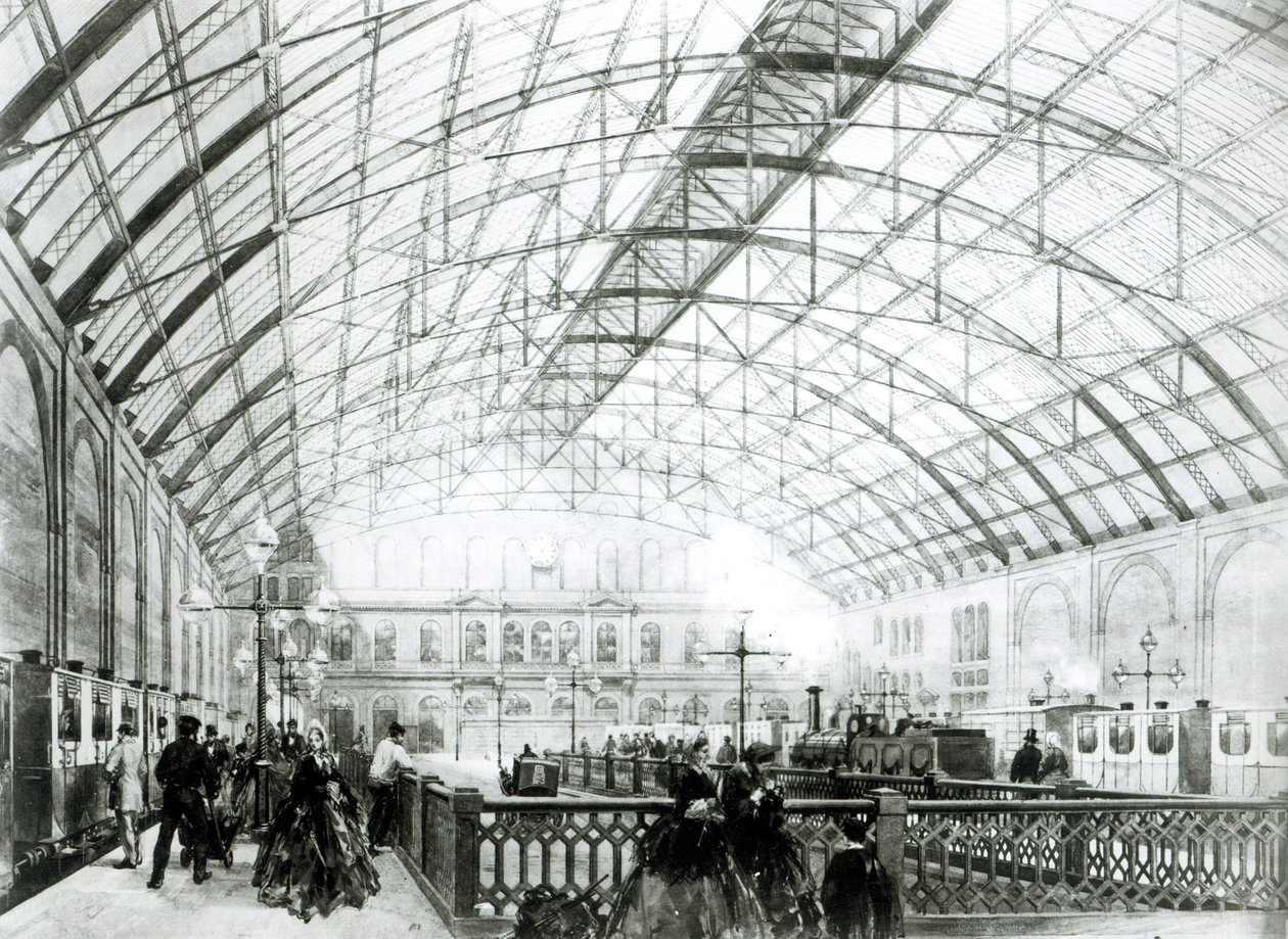 Interiør av Charing Cross stasjon, gravert av Kell Brothers, ca. 1864 av English School