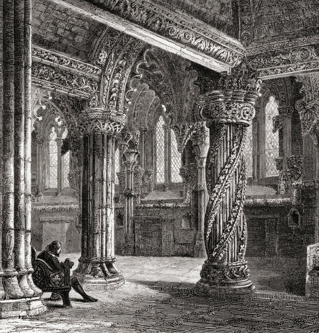 Interiør av Roslin Chapel, med lærlingsøylen, fra 