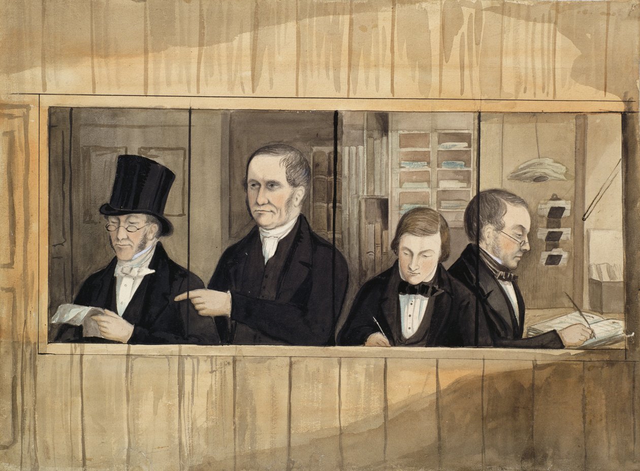 Interiør på kontoret til Mr. Charles Greenwood and Company, ca. 1840 (wc på papir) av English School