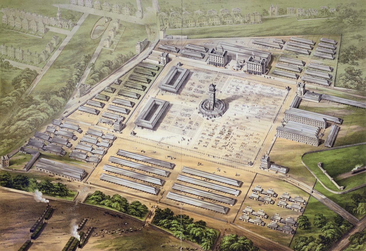 Isometrisk utsikt over New Metropolitan Cattle Market, 1855 av English School