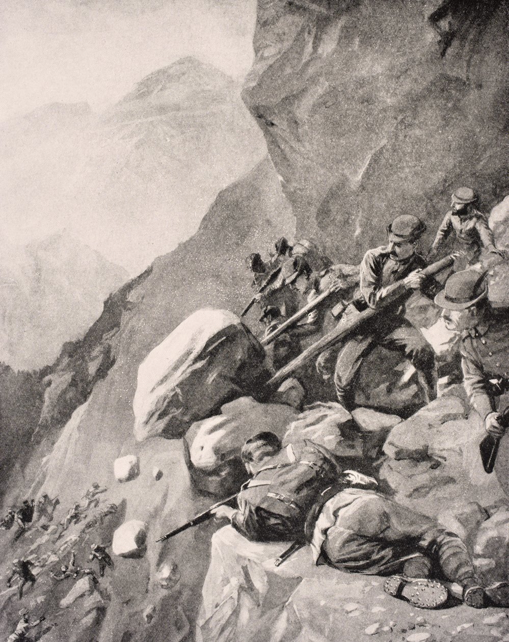 Italienske tropper løfter steinblokker ned på fiendtlige soldater i Dolomittene, 1915, fra 