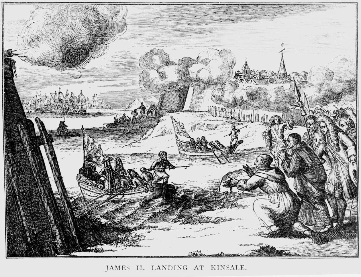 James II (1633-1701) Landing ved Kinsale, 12. mars 1689 av English School