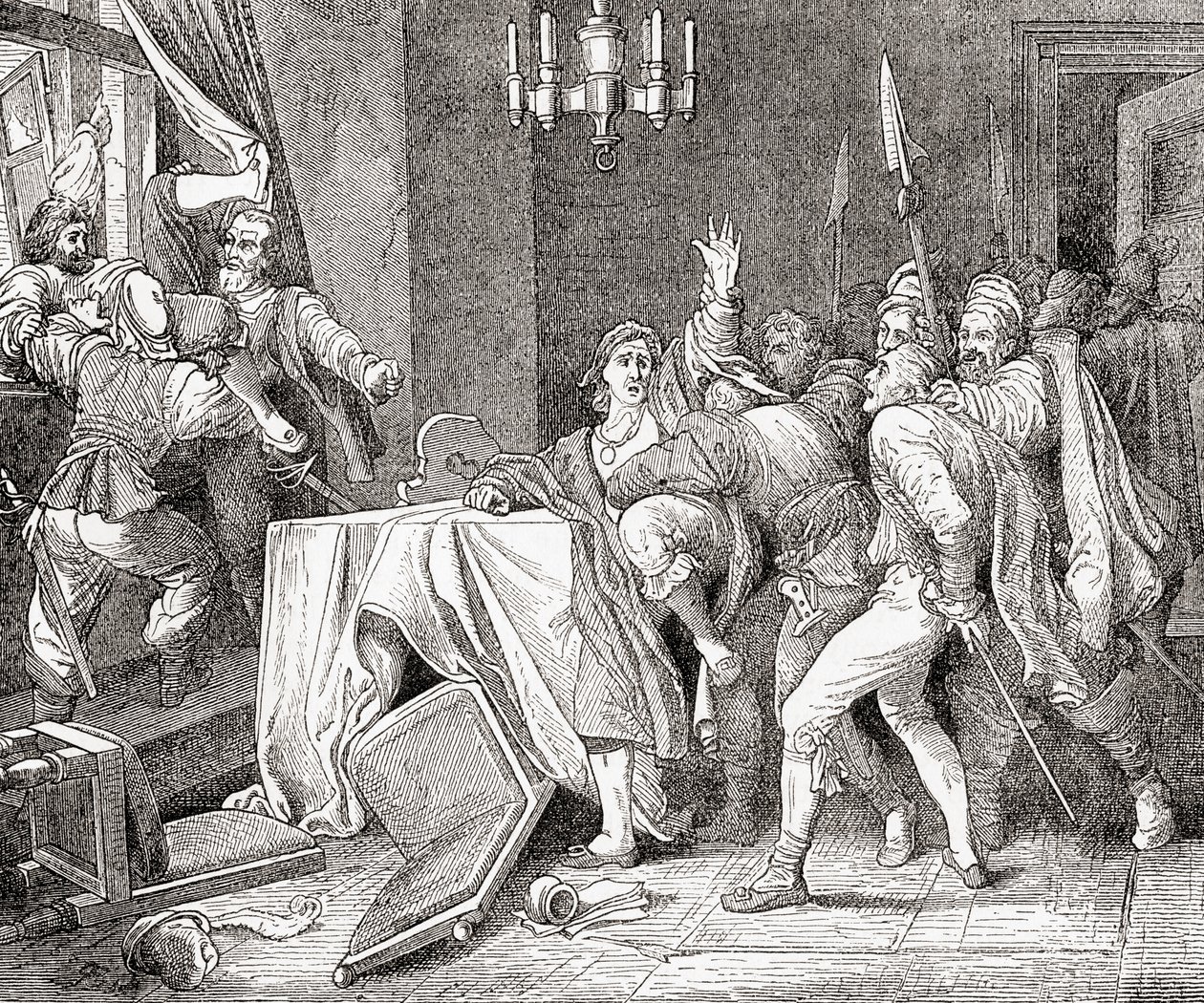 Jaroslav Brita av Martinice og Vilem Slavata av Chlum kastet fra vinduet til palasset i Praha under The Defenestration of Prague i 1618, fra Ward and Locks Illustrated History of the Wo av English School