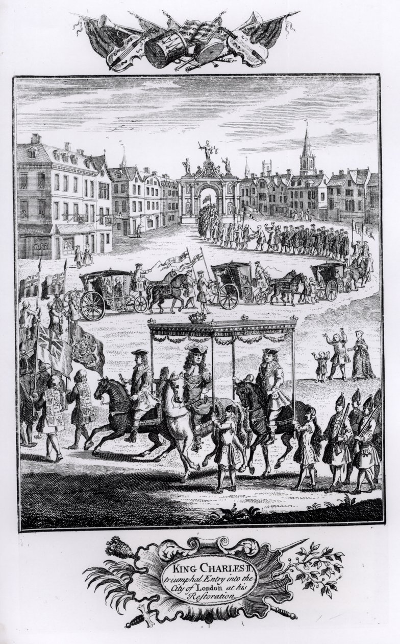 Kong Charles II (1630-85): Triumferende inntog i London City ved hans restaurering, mai 1660 av English School