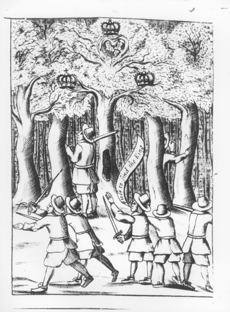 Kong Charles II (1630-85) gjemte seg i et eiketre ved Boscobel etter hans nederlag i slaget ved Worcester i 1651, publisert 1660 av English School