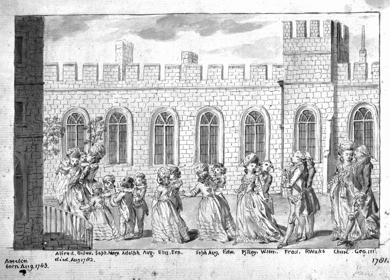 Kong George III og dronning Charlotte går i prosesjon med sine fjorten barn, 1781 (penn og vask på papir) av English School