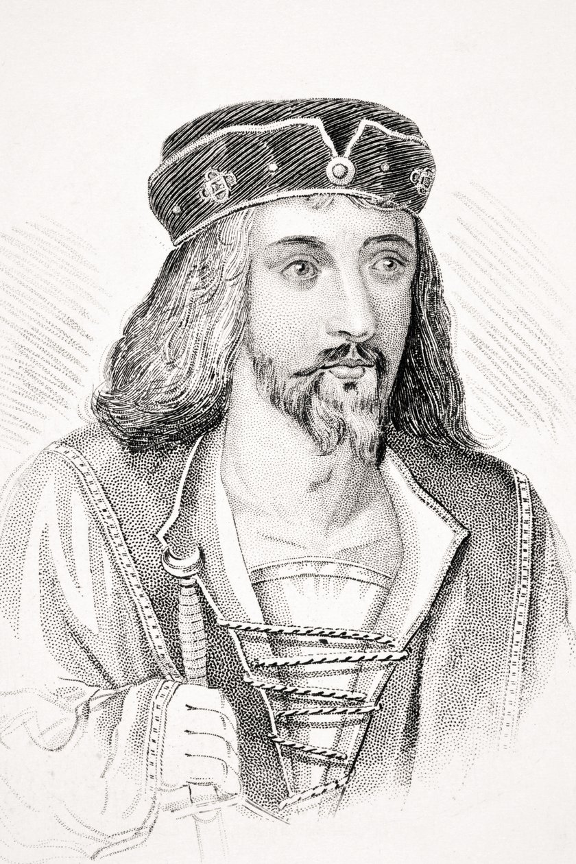 Kong James I av England og VI av Skottland, illustrasjon fra 'Old England's Worthies' av Lord Brougham, utgitt ca. 1880 av English School