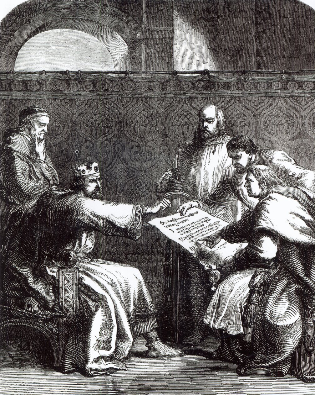 Kong John (1167-1216) nektet å signere Magna Charta da han først ble presentert for ham, 1215 av English School