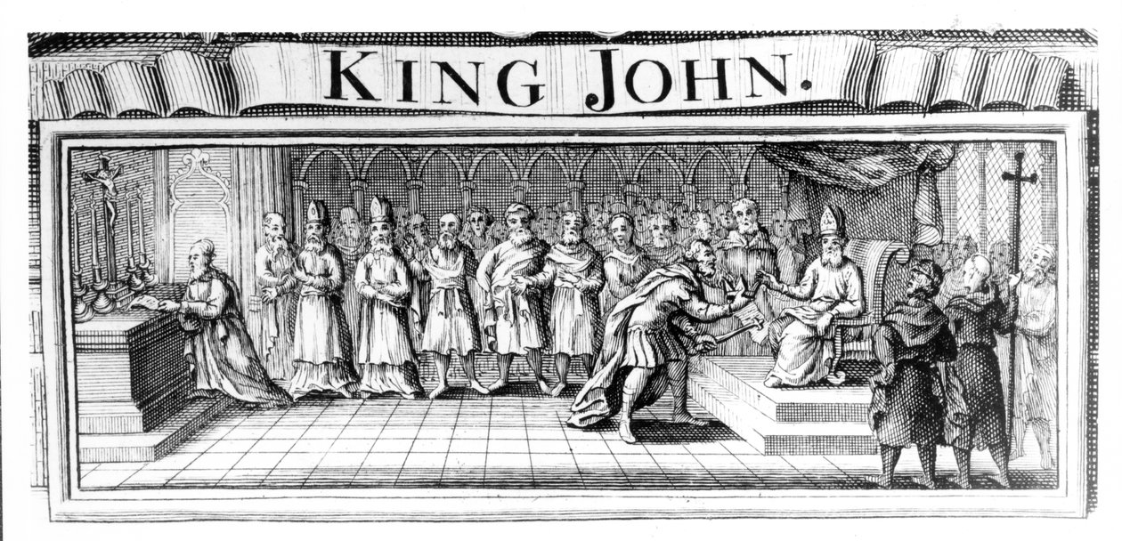 Kong John overgir sin krone til Pandulph Masca, pavelig legat, i Dover i mai 1213 av English School