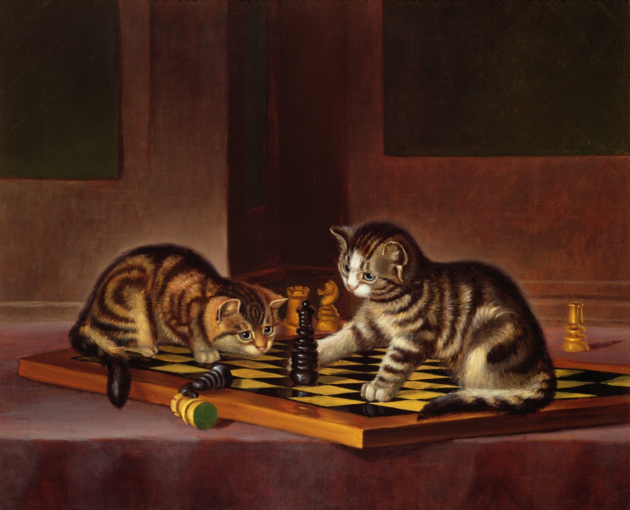 Kattunger som spiller sjakk, ca. 1860 av English School