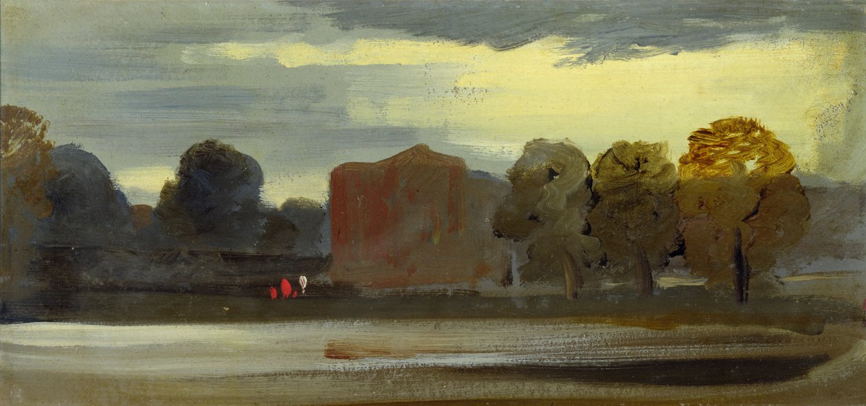 Landskap med innsjø (Lake Scene) tidligere tilskrevet J.M.W. Turner (1775-1851) og også tilskrevet Peter de Wint (1784-1849), 1828-29 (olje på papir) av English School