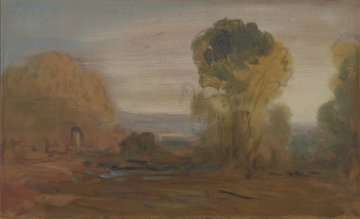 Landskap med trær, tidligere tilskrevet J.M.W. Turner (1775-1851) og også tilskrevet Peter de Wint (1784-1849) (olje på papir) av English School