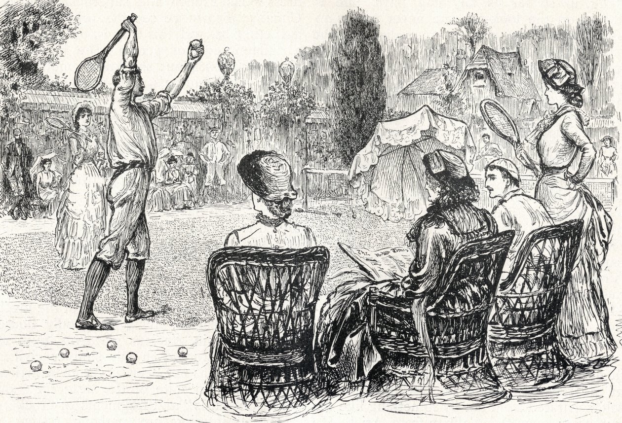 Lawn Tennis i 1883, gravert fra den originale tegningen i Punch Magazine, fra 