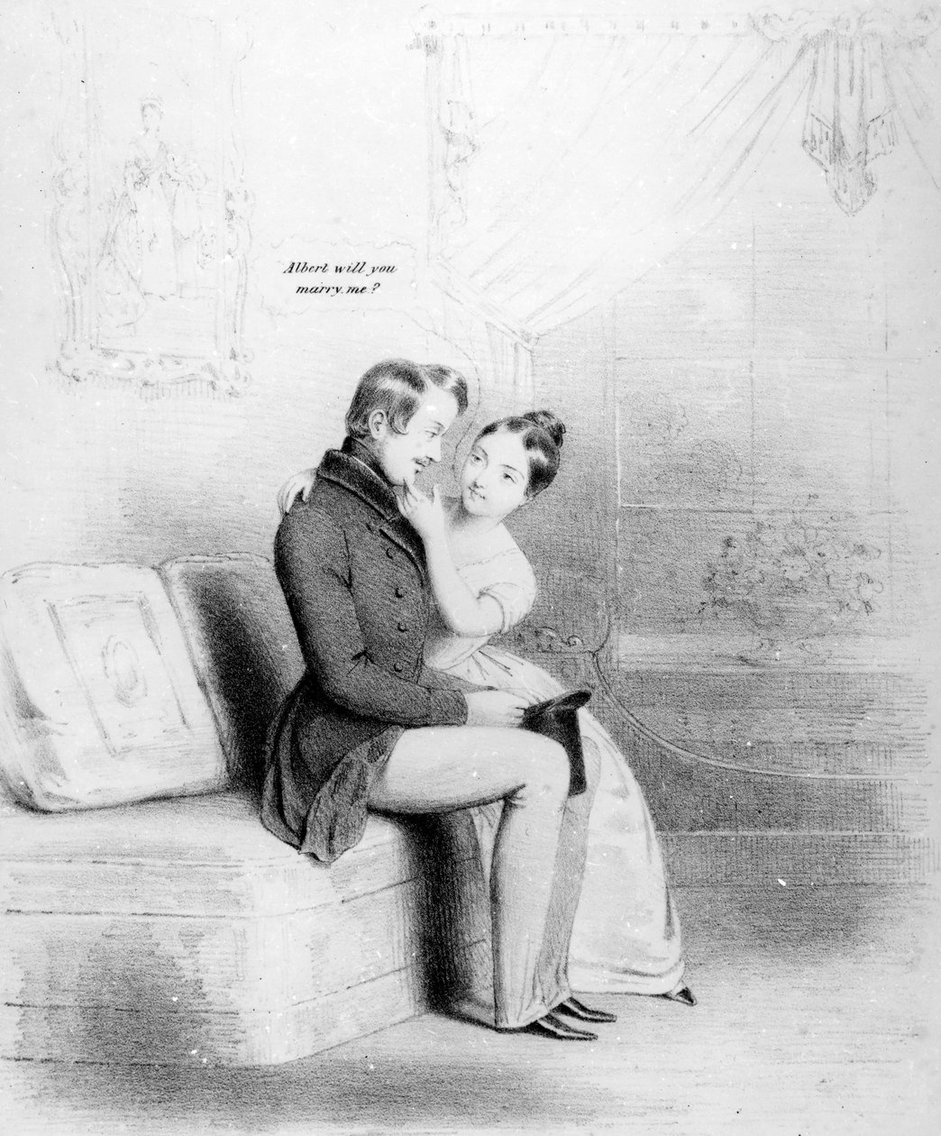 Skuddår! Dronning Victoria frier til Albert, publisert 1840 av English School