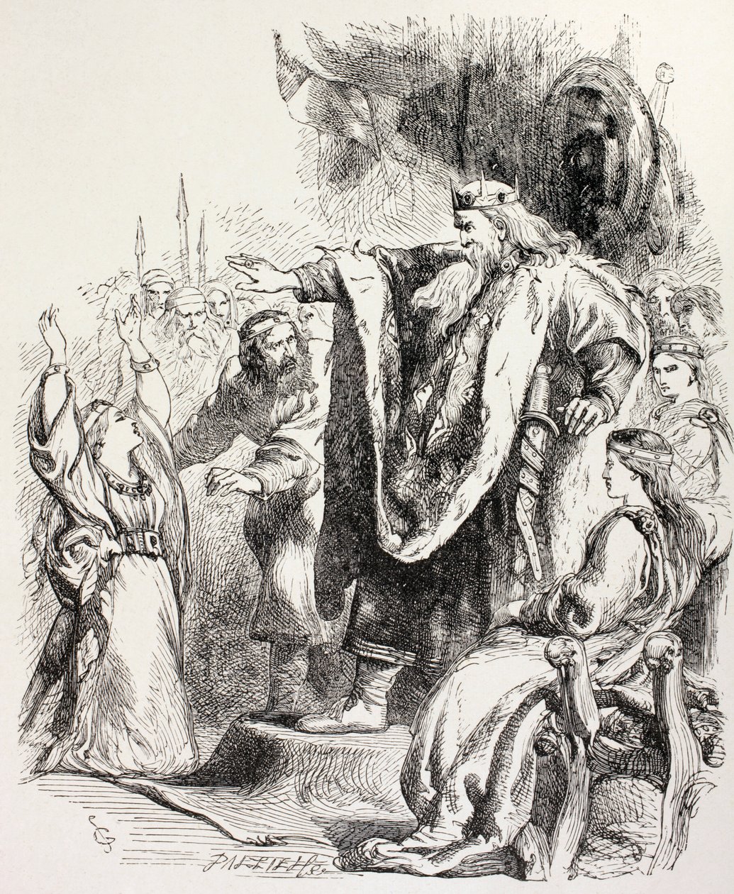 Lear tror Cordelia ikke elsker ham og forviser henne, illustrasjon fra King Lear, fra 