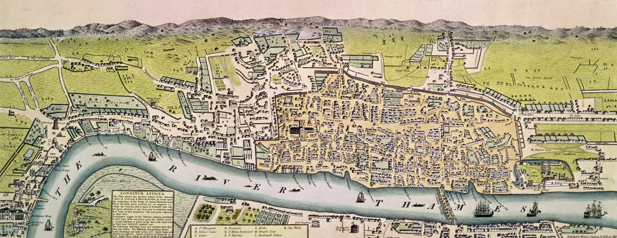 Londinium Antiqua, kart over London, pub. av William Darton, 1563 (håndfarget gravering) av English School