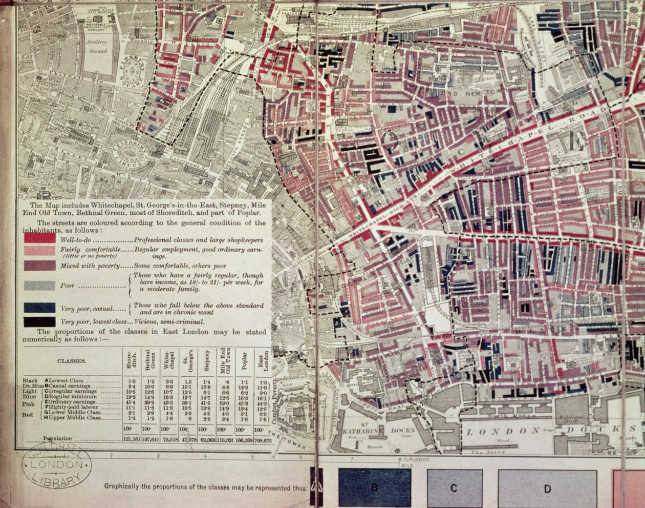 London: Whitechapel-delen, fra et beskrivende kart over East End Poverty, 1887 av English School