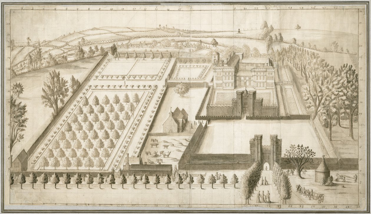 Lullingstone Castle, ca. 1670 (penn og blekk med vask på papir) av English School