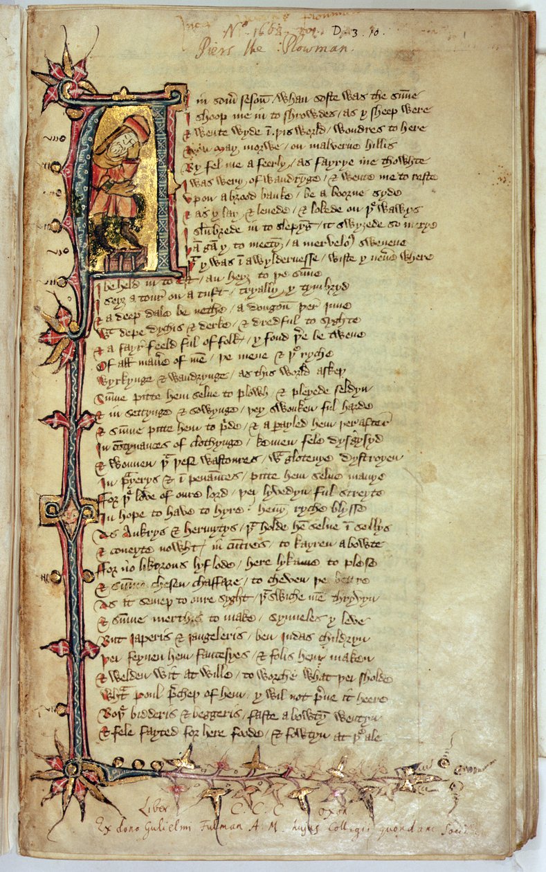 MS CCC 201 f.1 Side med tekst med historisk initial som viser drømmeren, fra Piers Plowman av William Langland av English School