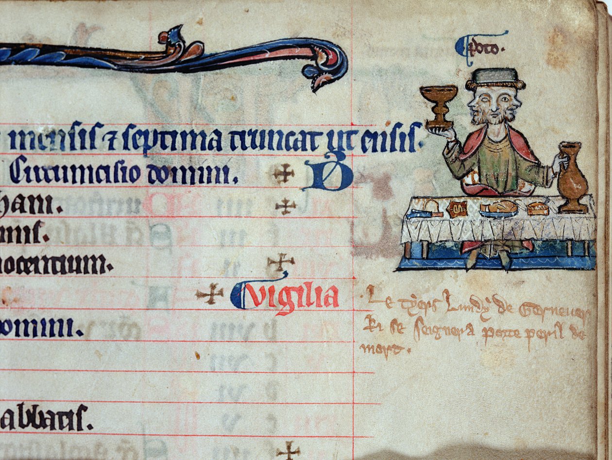 MS CCC 285 f.3 En trehodet mann som drikker, illustrasjon for januar i kalenderen til en psalter, ca. 1250-75 av English School