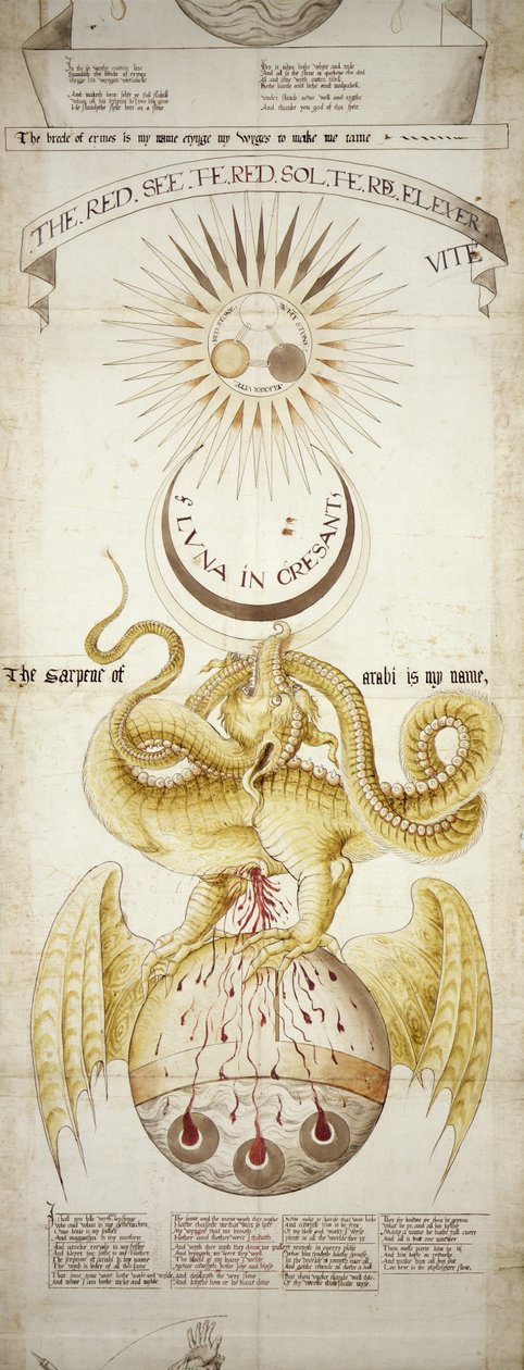 MS.276 Emblematisk diagram over de alkymistiske prosessene for produksjonen av Philosophers Stone, scene 4, fra Ripley Scrolls (blekk på papir montert på lin) av English School
