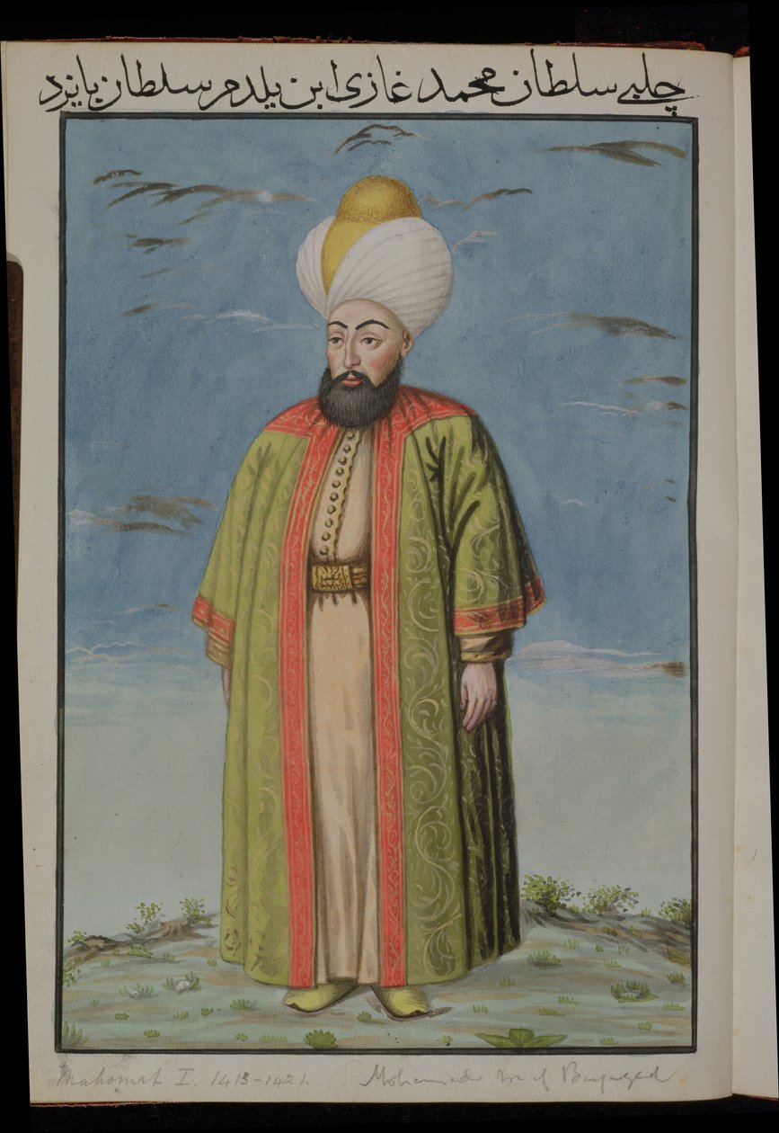 Mahomet (Mehmed) I (1387-1421), Sultan 1413-21, fra A Series of Portraits of the Emperors of Tyrkia, 1808 (wc) av English School