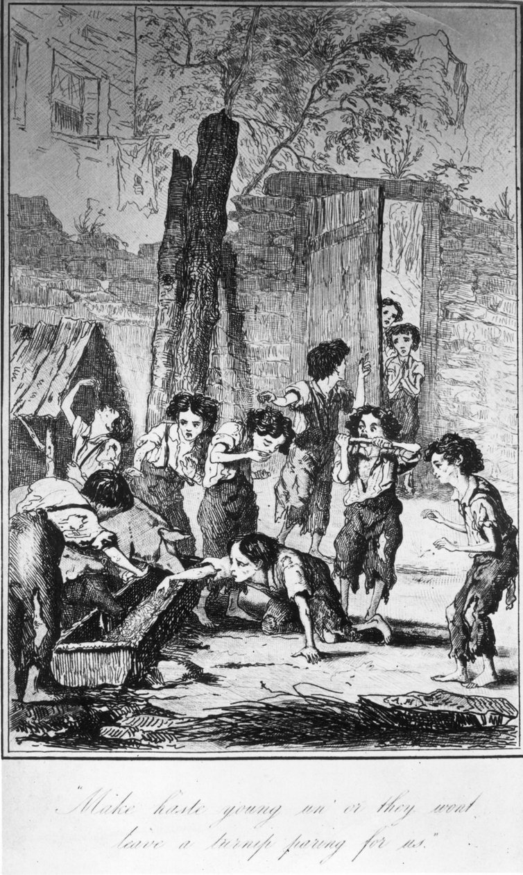 Skynd deg ung, ellers vil de ikke ha en nepeparing for oss, illustrasjon fra Frances Trollopes "The Life and Adventures of Michael Armstrong", 1840 av English School