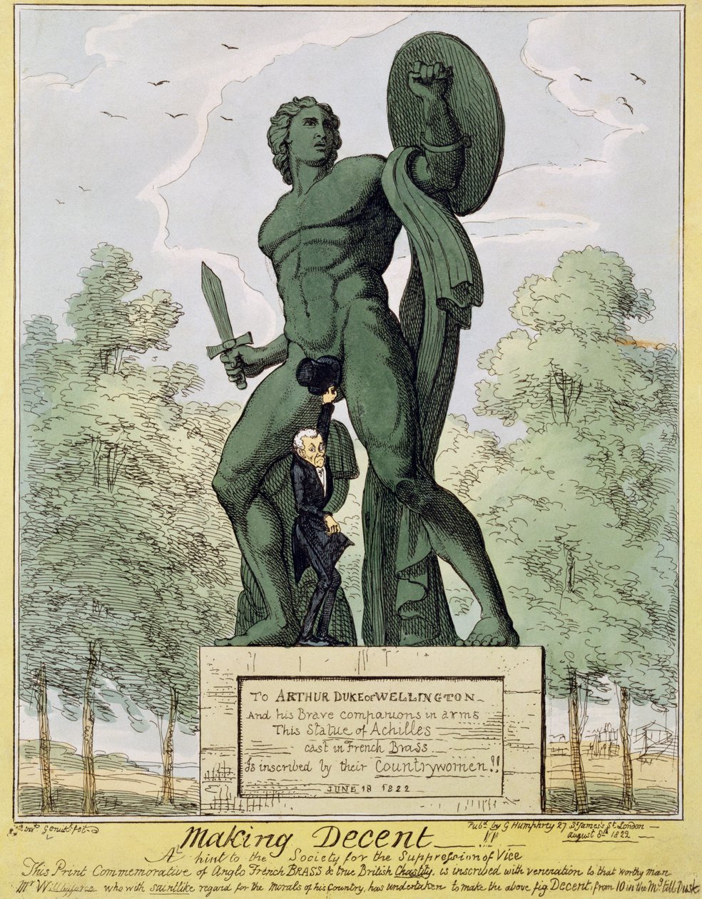 Making Decent, tegneserie som viser William Wilberforce (1759-1833) som dekker over statuen av Achilles ved Hyde Park Corner, av Richard Westmacott (1775-1856), pub. 1822 av English School