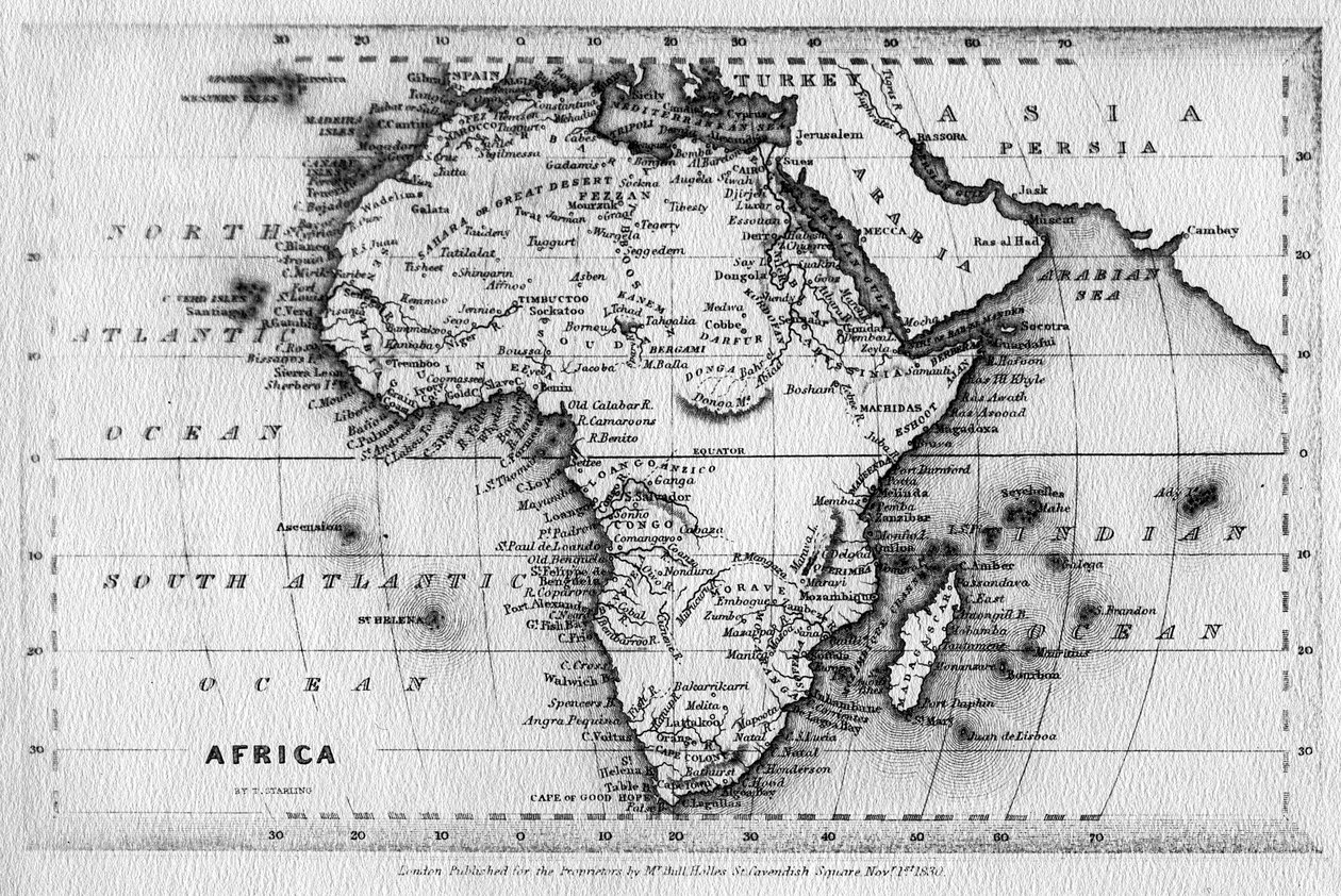 Kart over Afrika, gravert av Thomas Stirling, utgitt av Edward Bull, 1830 av English School