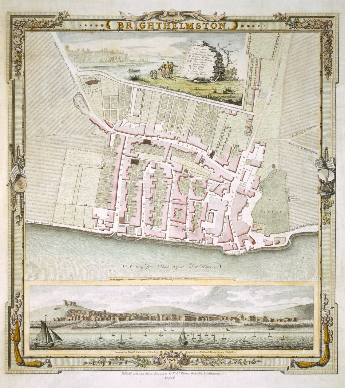 Kart over Brighton av Thomas Yeakell og William Gardner, gravert av Whitchurch, 1779 (fargegravering) av English School