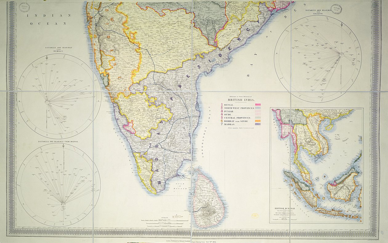 Kart over det britiske sørlige India, 1872 (fargelitografi) av English School